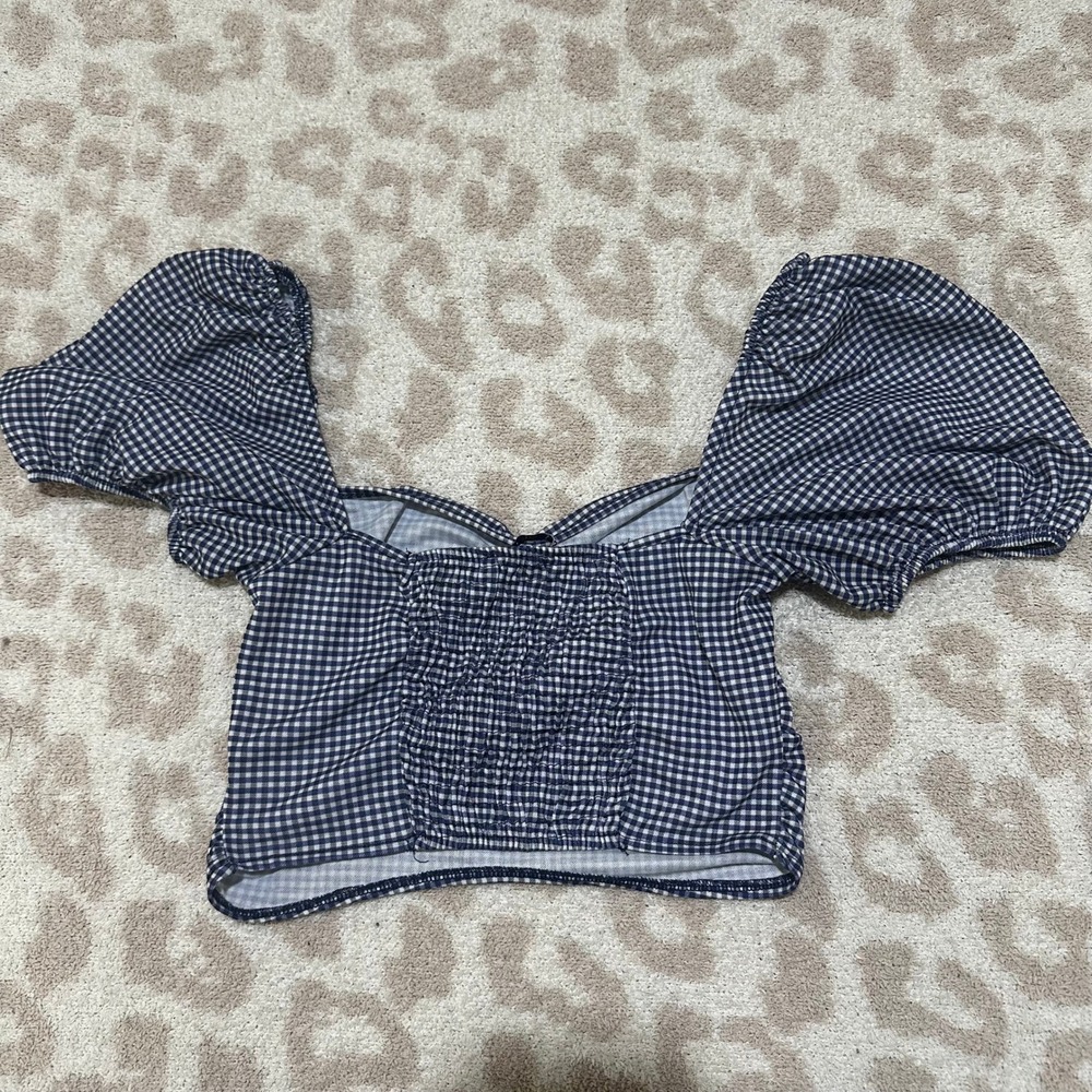 Zara Gingham Crop Top Navy Blue White Puff Sleeve Smocked Small - Picture 3 of 3